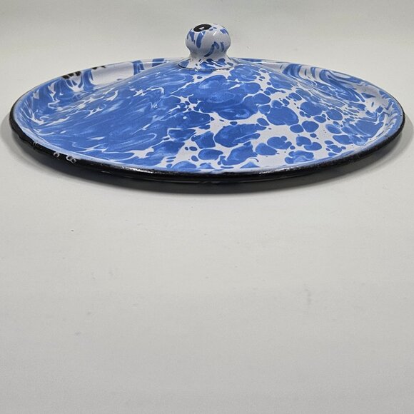 Blue & White Swirl Enamelware Agateware Graniteware Lid with Round Knob - Picture 5 of 13